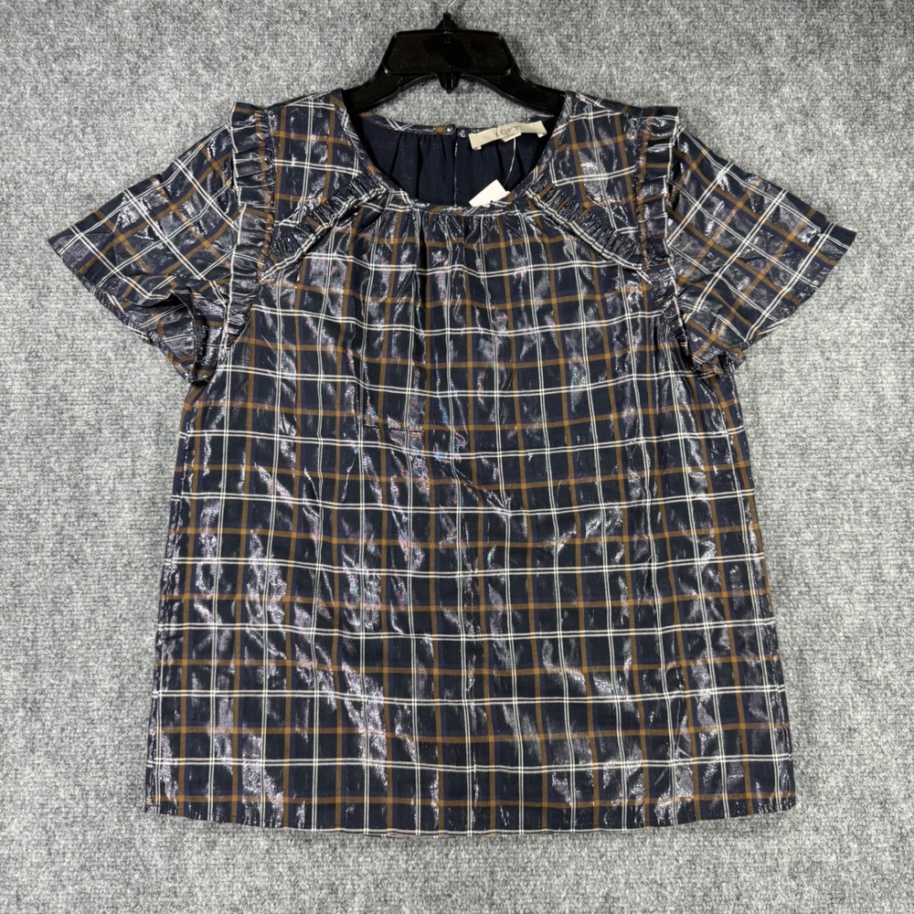 LOFT Women's Shimmer Blouse Tiny Ruffle Trim Short Sleeve Navy Plaid Lined Sz XS